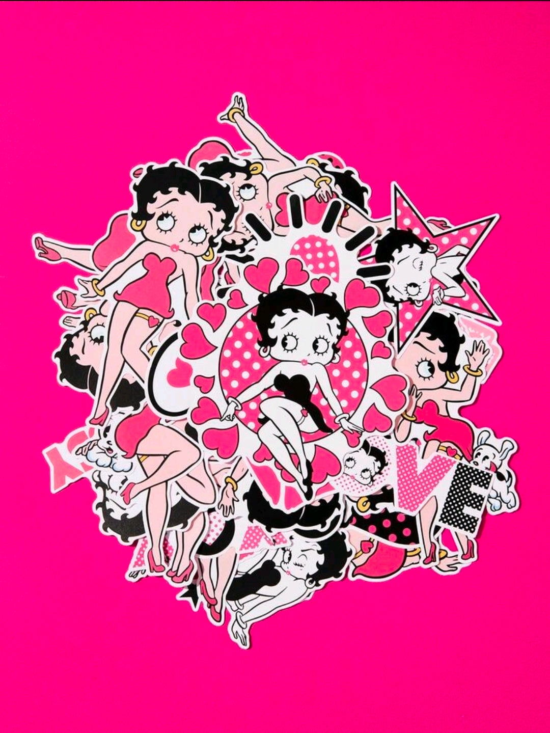 Betty Boop pink vinyl sticker collage of pin-up girls with hearts and a star