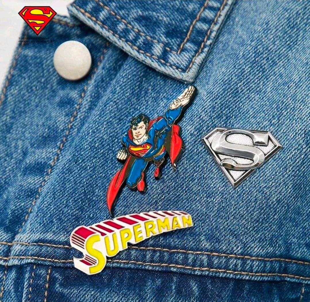 Superman 3 Piece Enamel Pin Set Logo Flying Shield Licensed