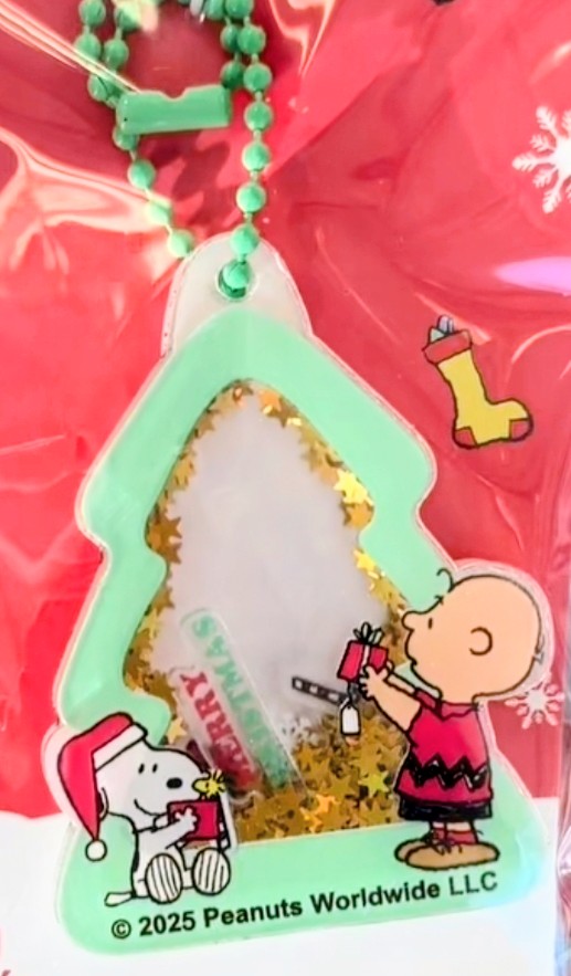 Mint outline ornament keychain with Snoopy and glitter tree, turquoise bead loop
