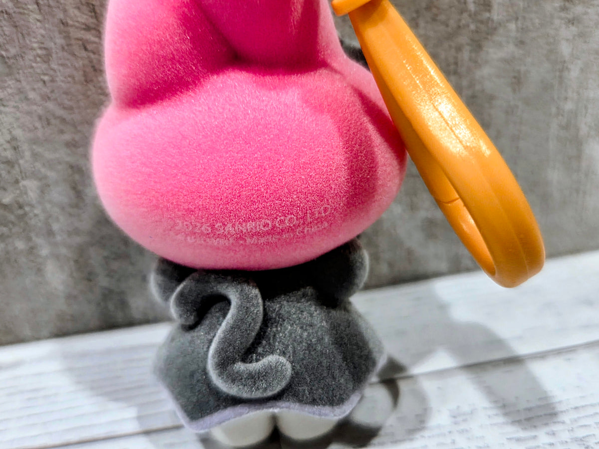 Flocked pink witch-hat My Melody bag clip with grey outfit and orange clip