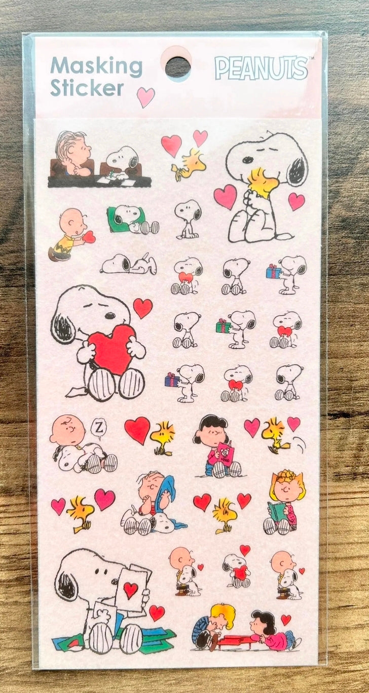 Peanuts Snoopy masking sticker sheet with Snoopy, Charlie Brown, and hearts