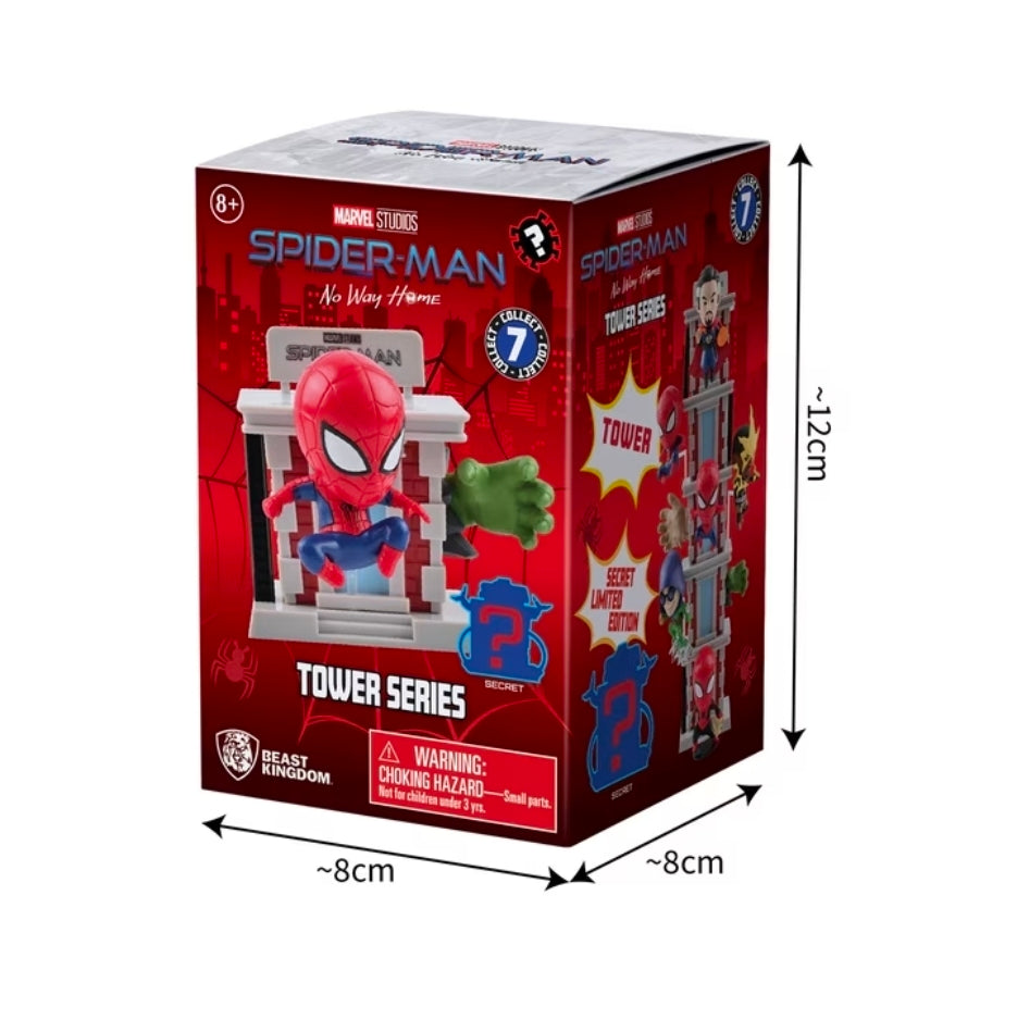 Spider-Man tower blind box retail box with red mask figure and Tower Series graphics