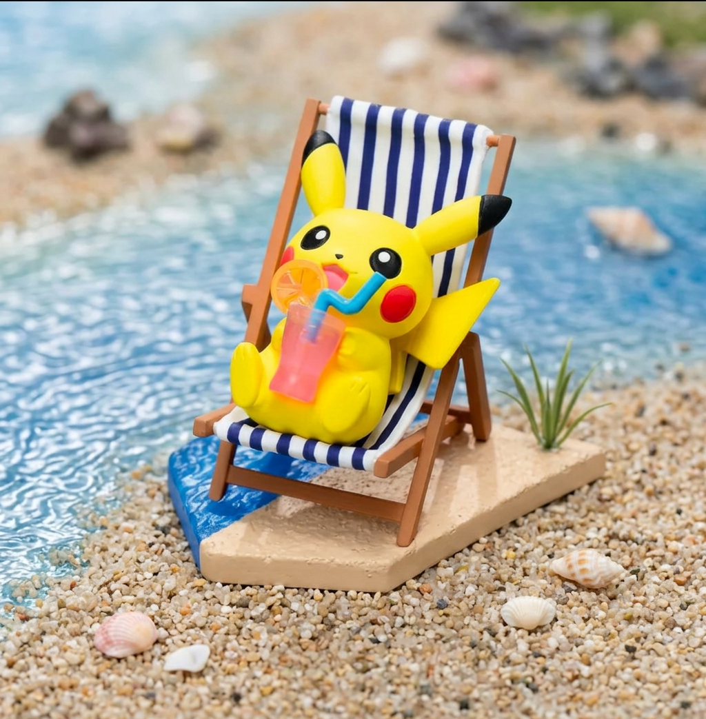 Seaside mini figure: yellow Pikachu lounging on blue-and-white striped beach chair