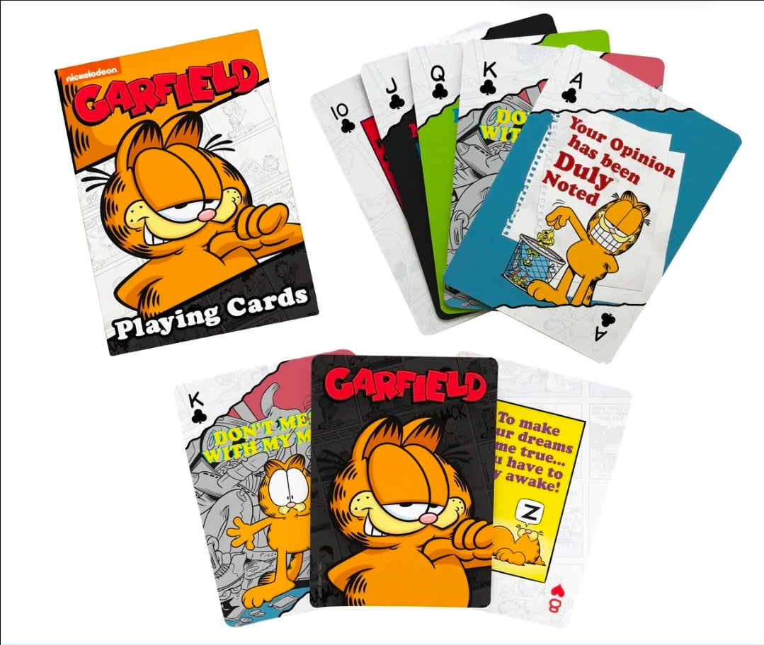 Garfield playing cards deck with several cards fanned out and court suits visible