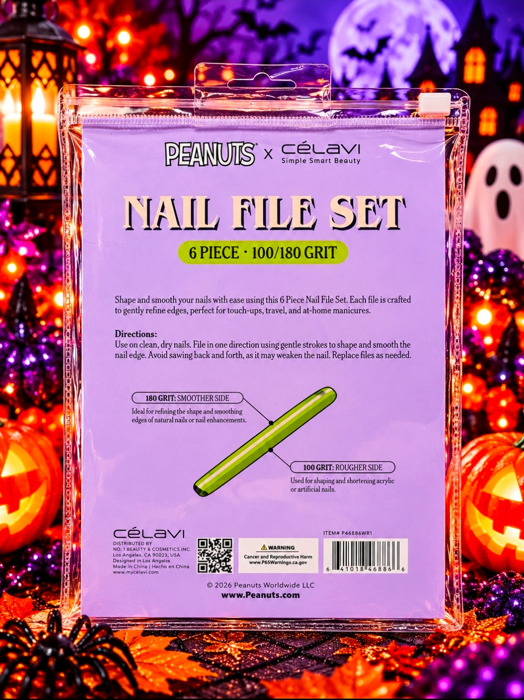 Purple Halloween nail file set box with Snoopy x Celavi branding