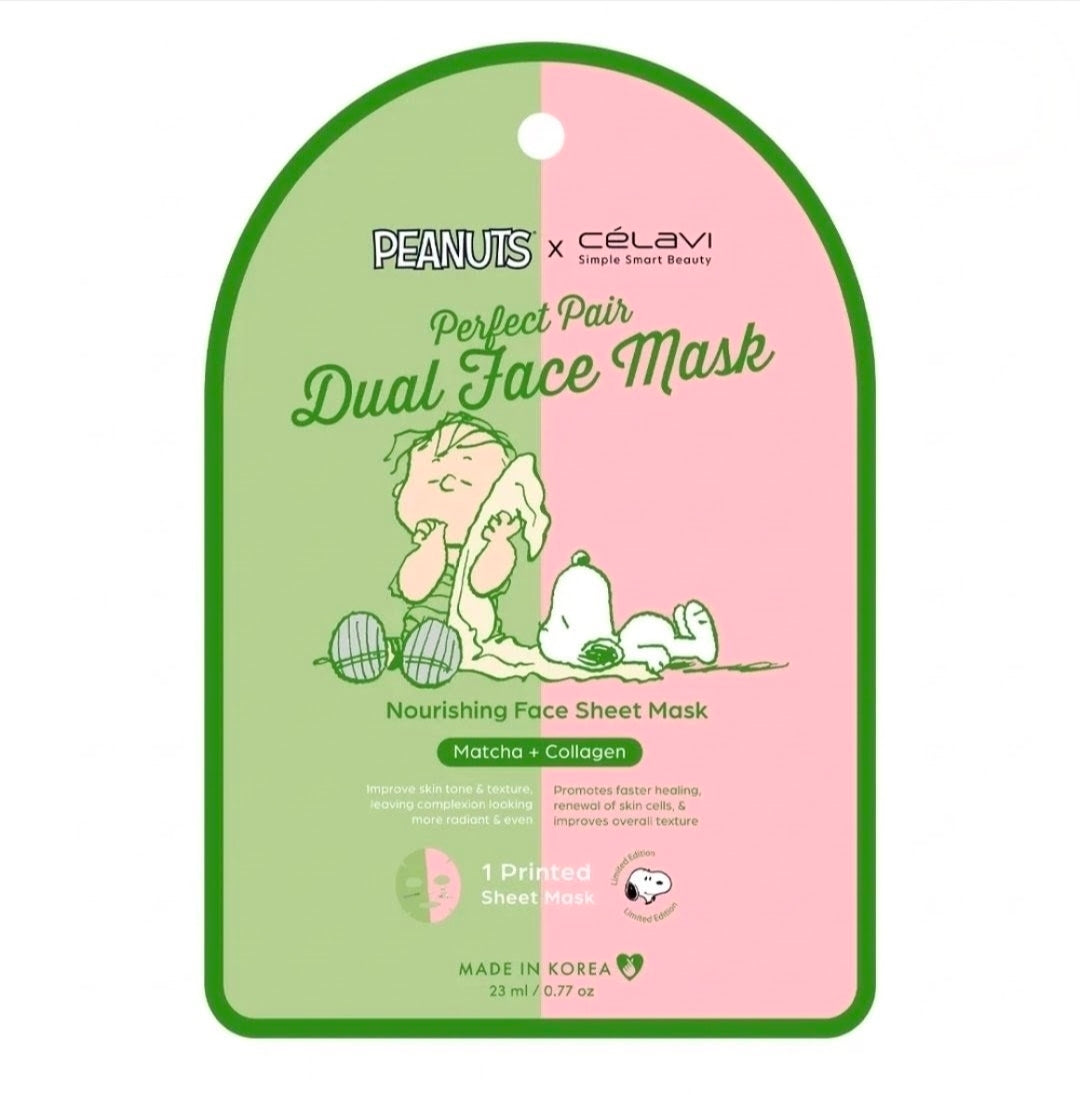 Dual face mask package card with green and pink halves and Snoopy and Charlie Brown art
