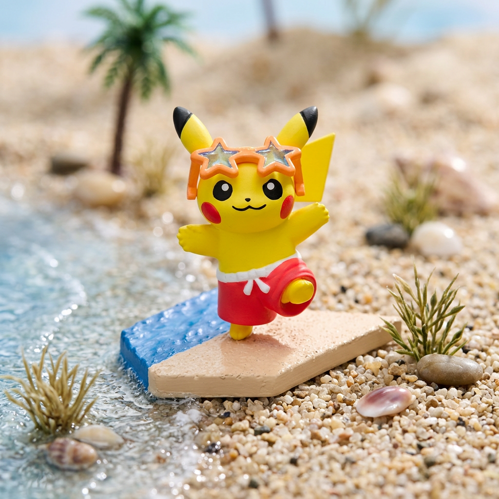 Seaside mini figure: yellow Pikachu in red swim outfit with star-shaped sunglasses on beach