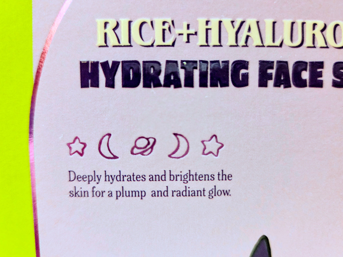 Hydrating face sheet mask description with hydration icons on pink packaging