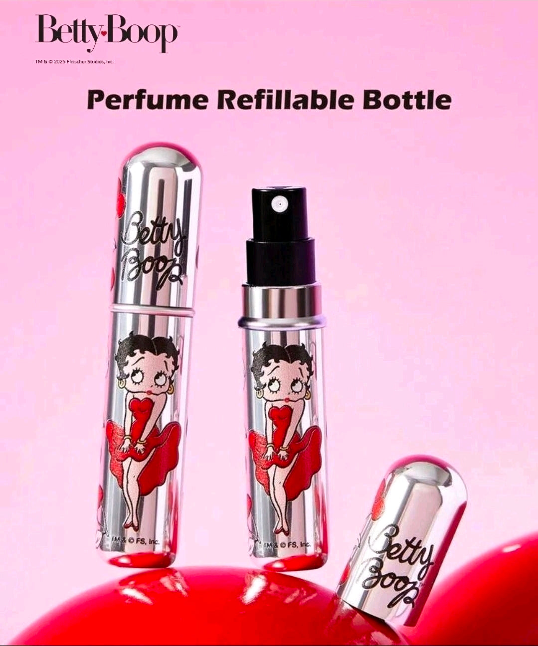 Refillable perfume sprayer bottles with Betty Boop red heart design