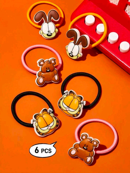 6 pcs cartoon charm hair tie set with black, pink, and orange elastics