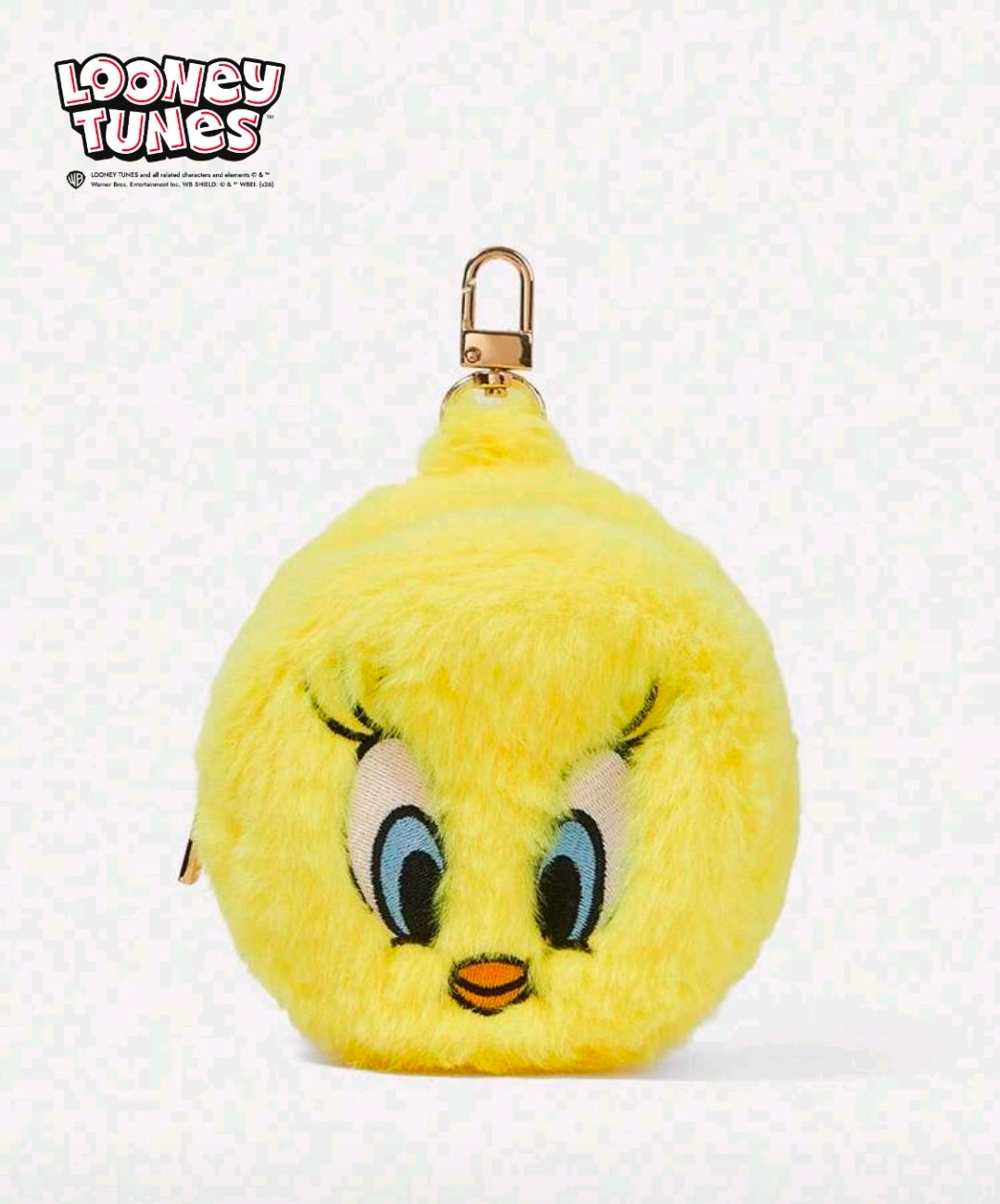 Yellow Tweety plush coin pouch keychain front view with metal clip and sleepy eyes