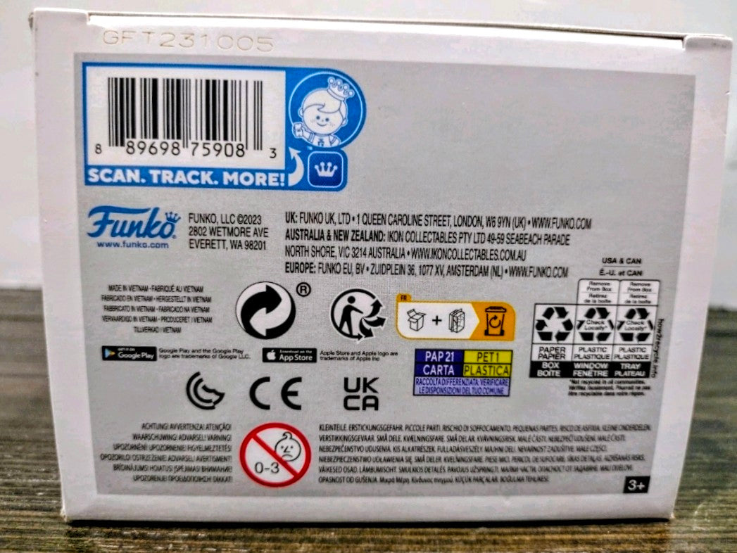 Funko Pop vinyl figure box back with barcode, icons, and legal labels
