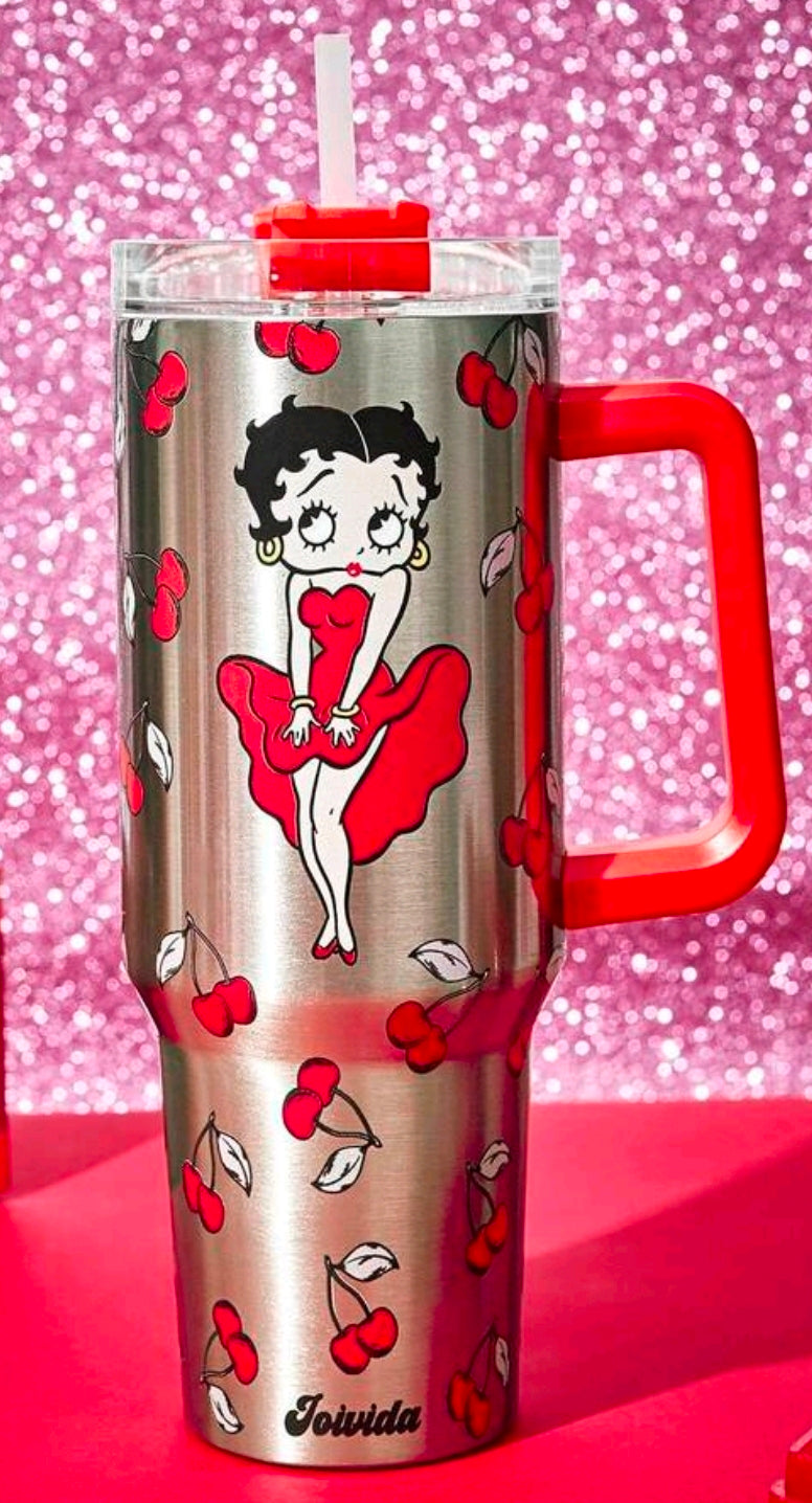Stainless steel insulated tumbler with Betty Boop full-body print and red handle, clear straw lid.