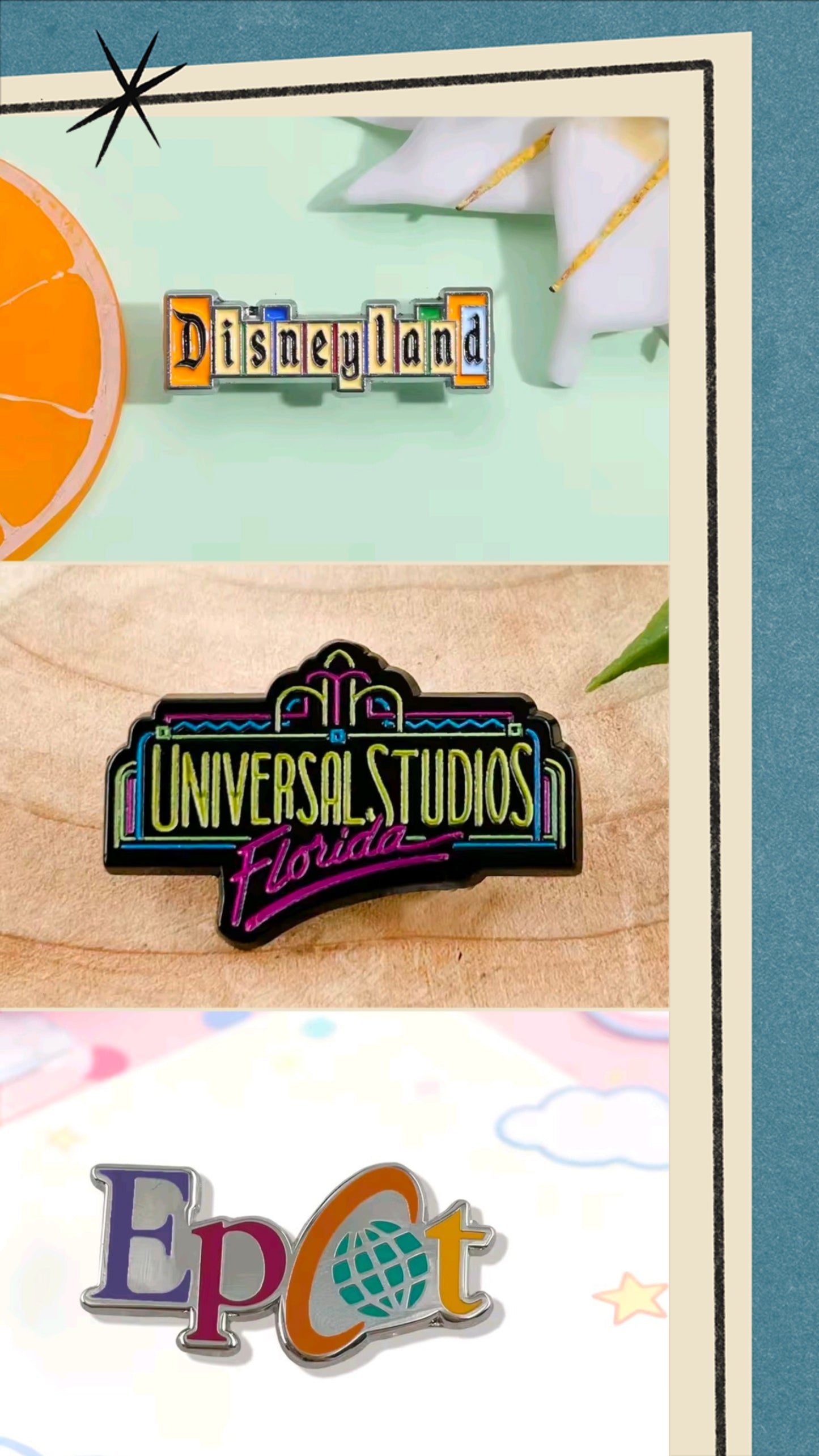 Enamel pin set with Universal Studios Florida and Epcot logo pins, colorful enamel.