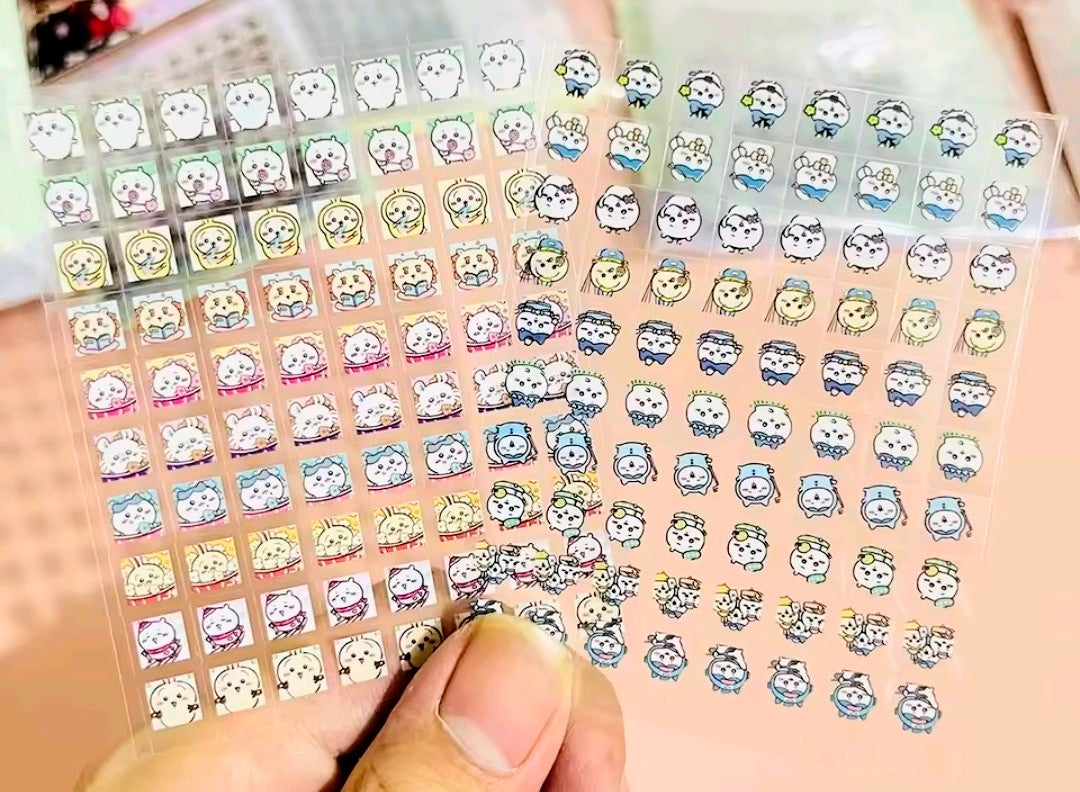 Clear-back sticker sheet with small panda and bear-style character stickers