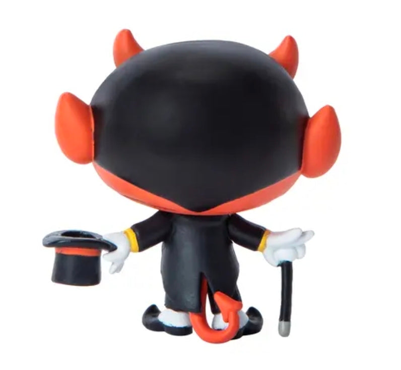 Halloween vinyl mini figure in dark outfit with two buckets and orange tail detail