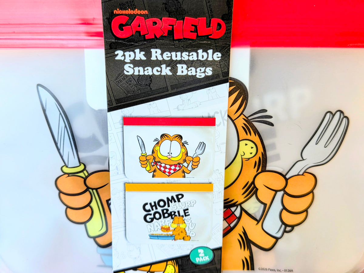 Reusable Garfield snack bags, 2-pack, clear window pouch with artwork
