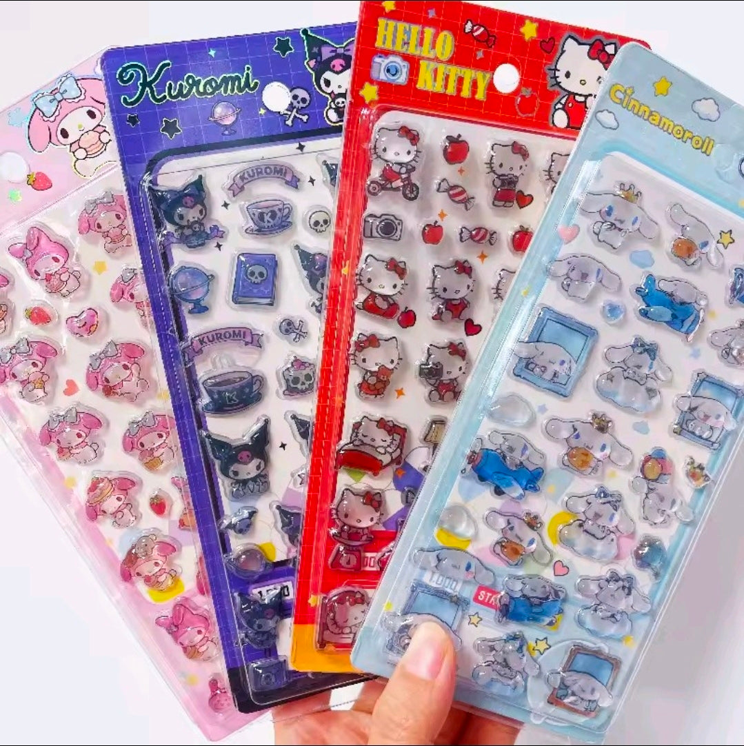 Assorted puffy sticker sheets: My Melody, Kuromi, Hello Kitty, and Cinnamoroll
