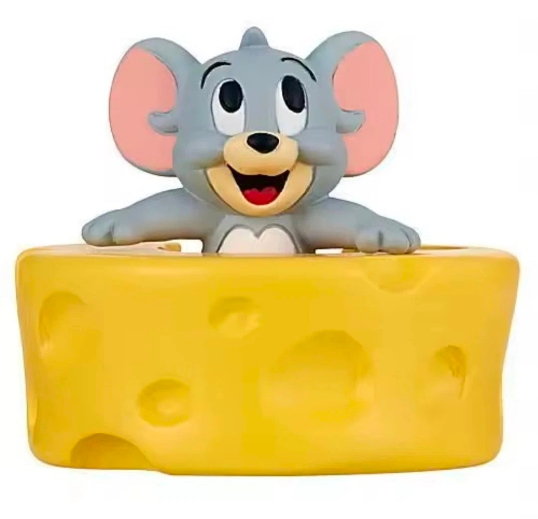 Gray mouse-like character gashapon figure seated on a yellow cheese block base