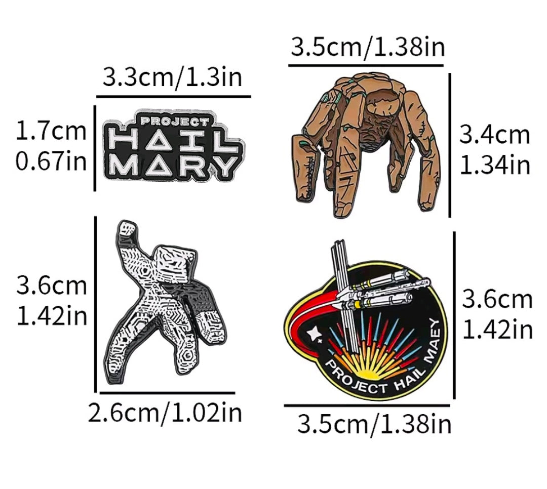 4-piece enamel pin set with alien figures, text logo, and spaceship emblem designs
