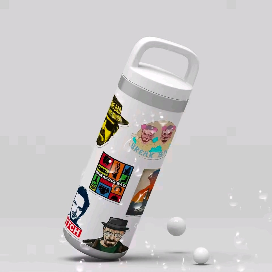 Vinyl sticker pack on white bottle tumbler with assorted character decals