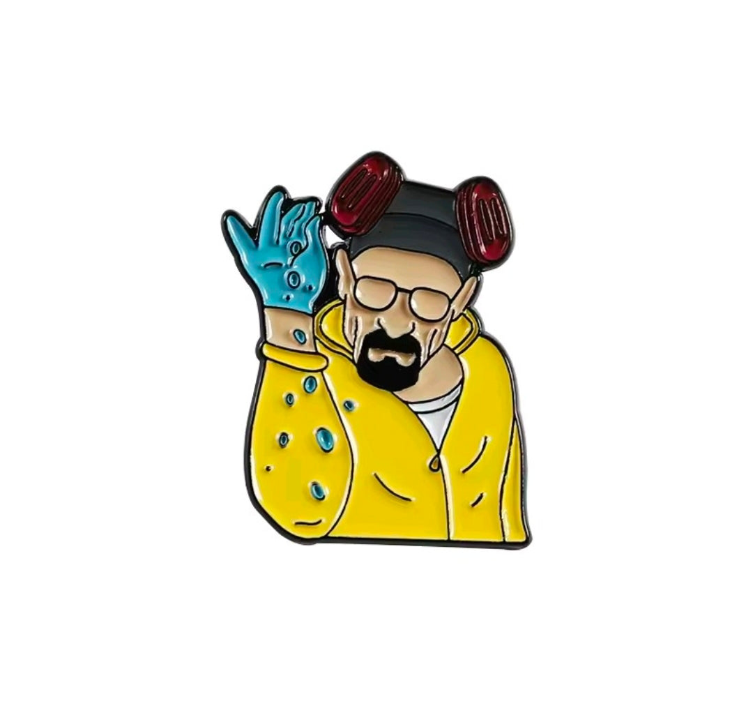 Cartoon man enamel pin with blue hand raising beside yellow potion