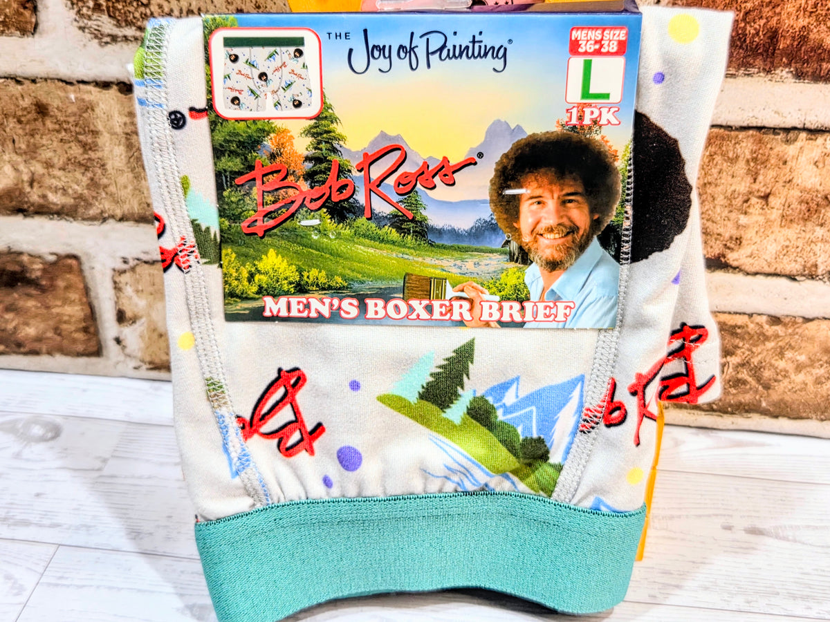 Men's boxer brief and crew sock gift set, size L; white with colorful Bob Ross print