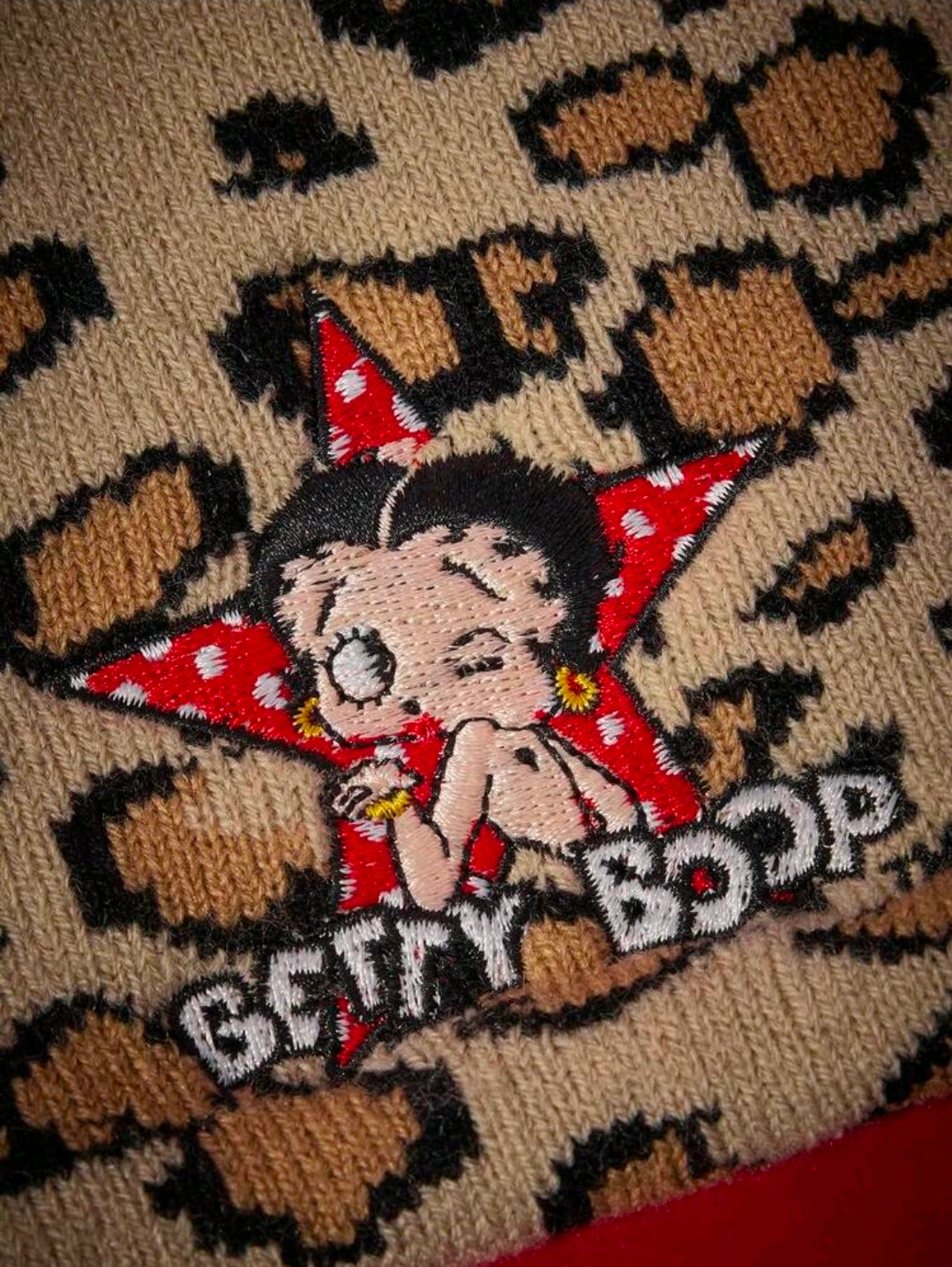 Betty Boop Leopard Print Slouchy Knit Beanie with Star Embroidery