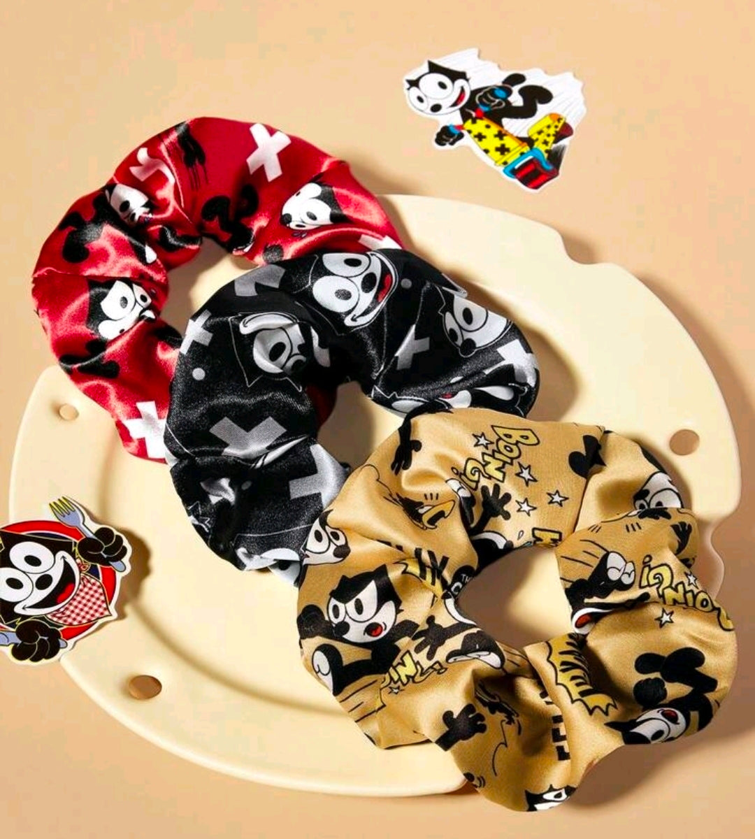 Felix the Cat Satin Scrunchies Set of 3 Red Black Gold Hair Ties Licensed NEW