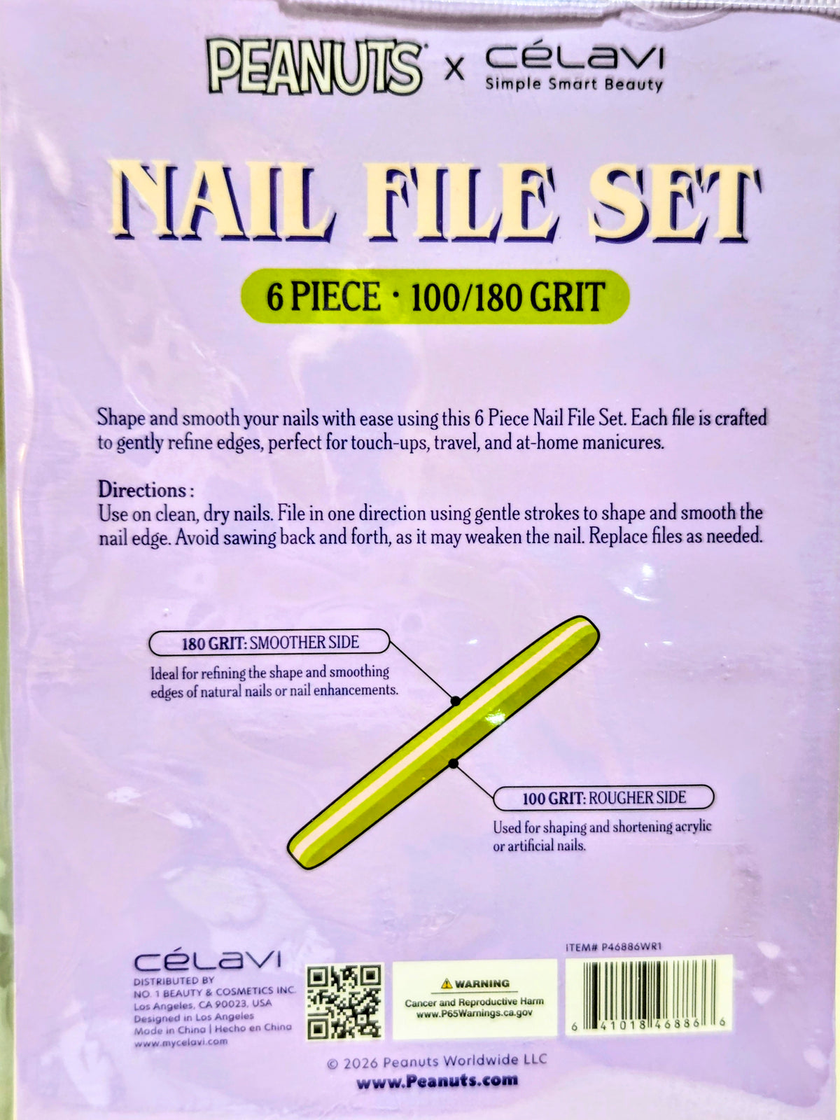 Celavi Peanuts nail file set box front with nail file diagram and 6 piece 100/180 grit