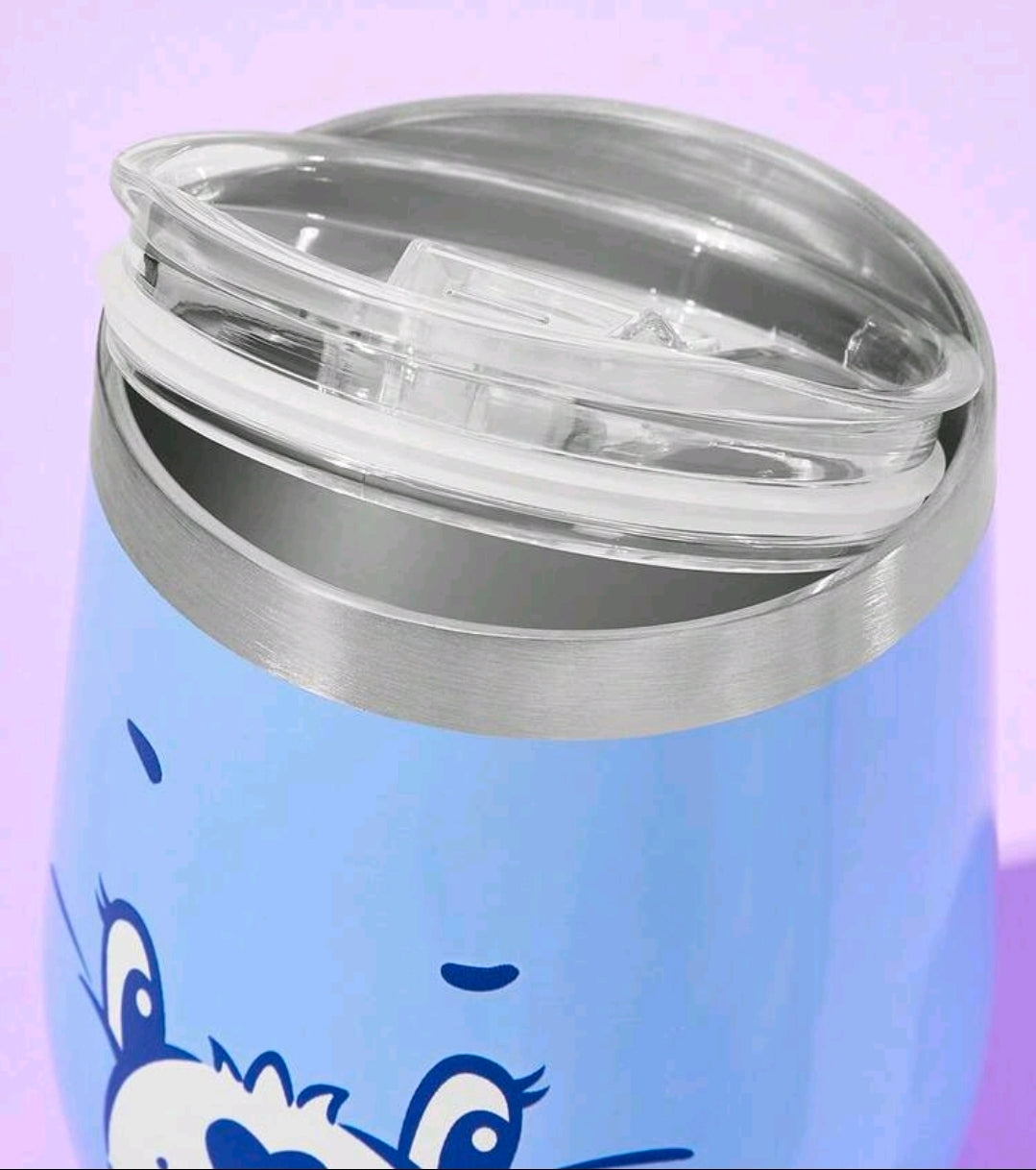Blue insulated tumbler with clear plastic lid and stainless steel rim
