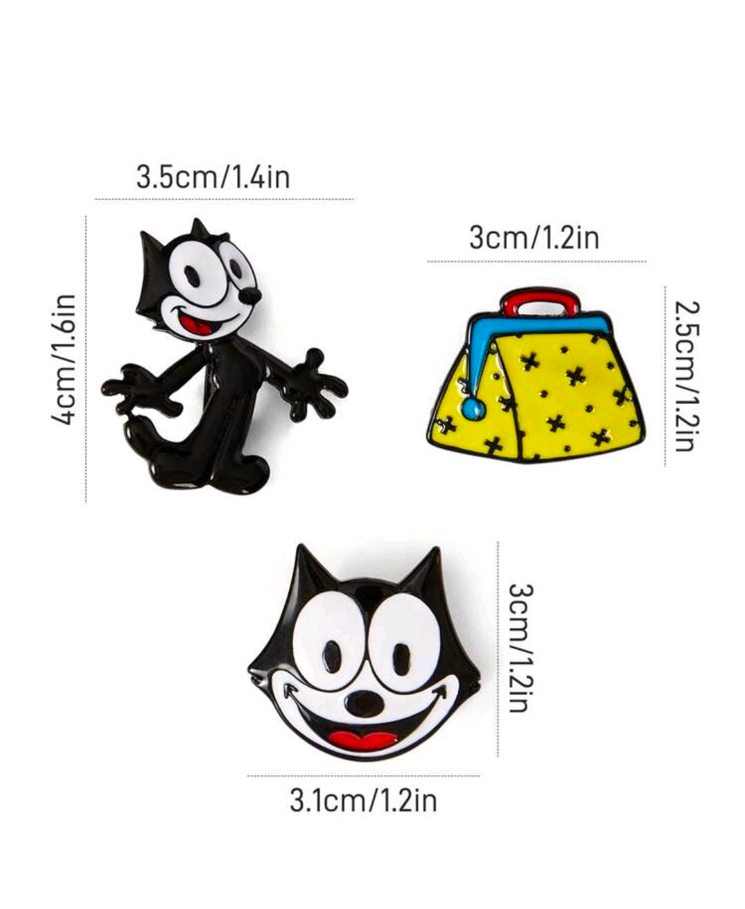 Felix the Cat Enamel Pin Set 3pc Face Body Bag Licensed Retro NEW