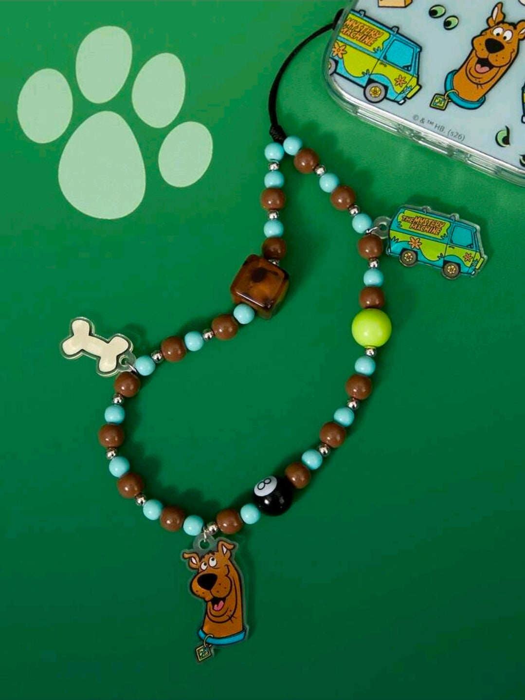 Scooby-Doo beaded phone lanyard with bone charm, Scooby charm, and colorful acrylic tags