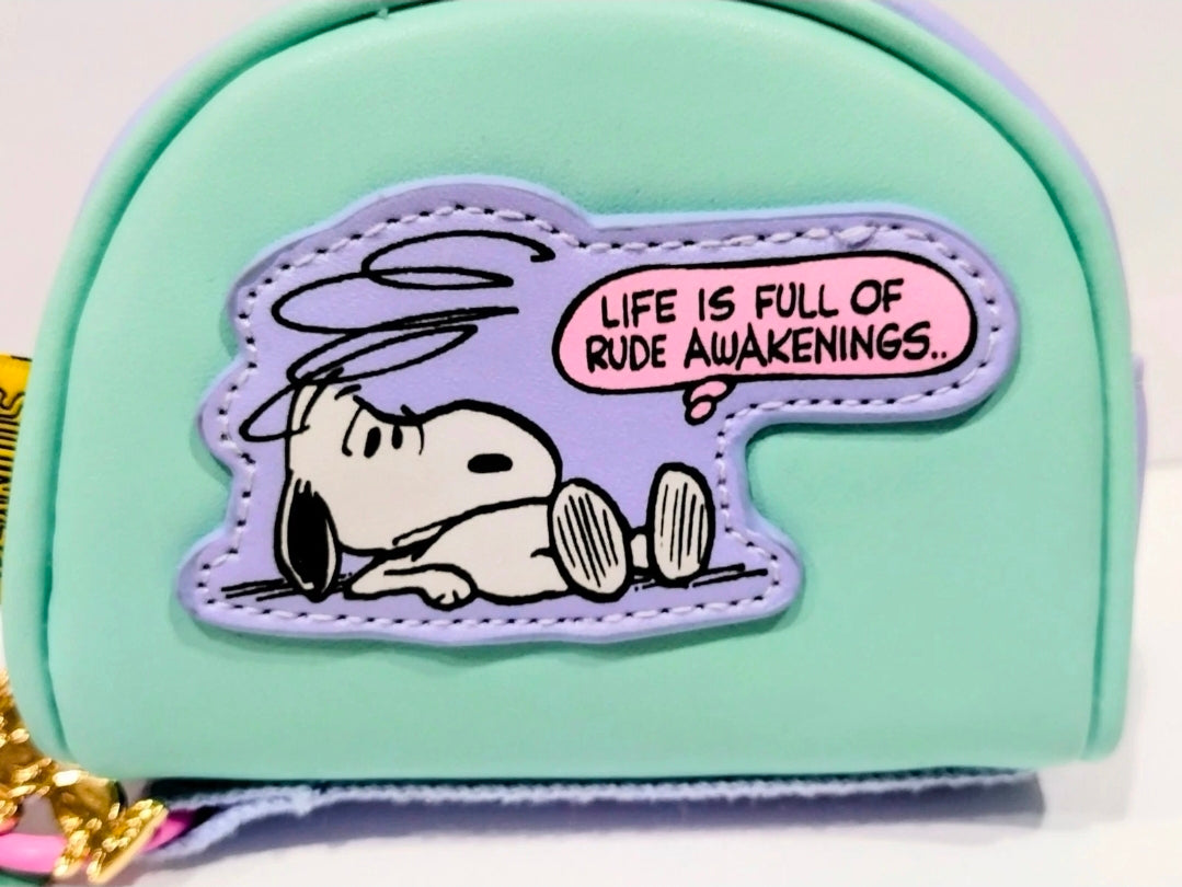 Mint mini zip coin purse front Snoopy text patch with purple stitched border