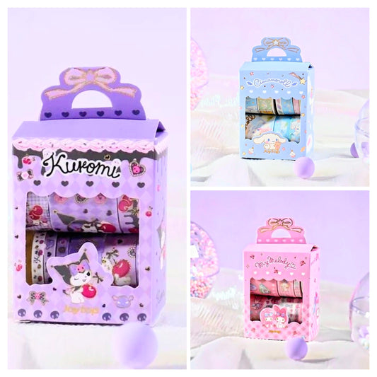 Washi tape set in a purple Kuromi-themed display box, with multiple rolls shown