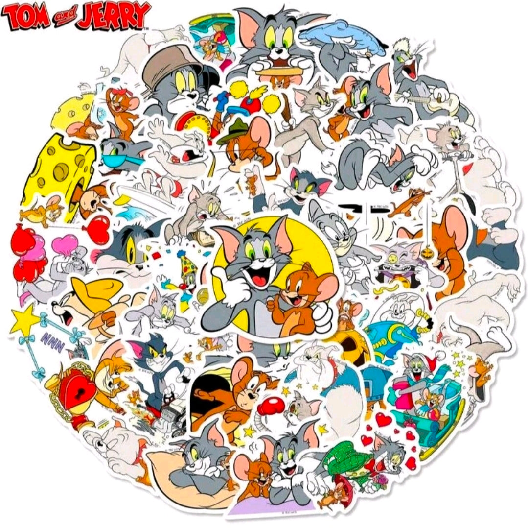 Tom and Jerry waterproof vinyl sticker bundle, assorted cartoon characters on white backing