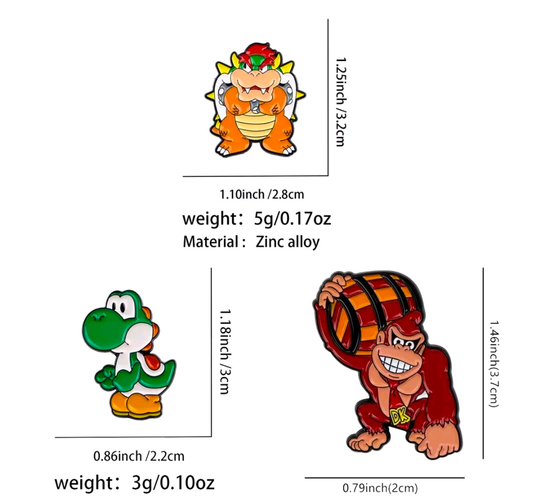3-piece enamel pin set with Bowser, Yoshi, and Donkey Kong character designs