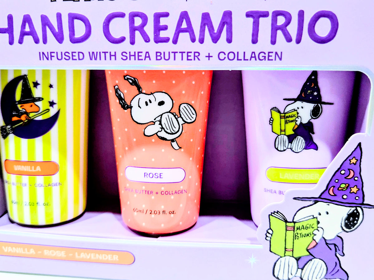 Three Halloween-themed hand cream tubes in display tray: Vanilla, Rose, Lavender