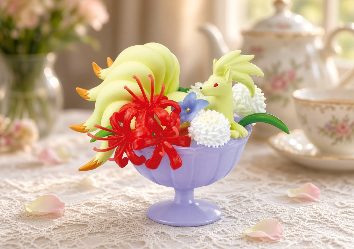 Purple coupe mini figure with yellow cat and red flower with white blossom accents
