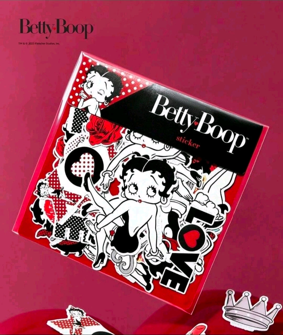 Betty Boop sticker pack featuring black-and-red character decals on sheet