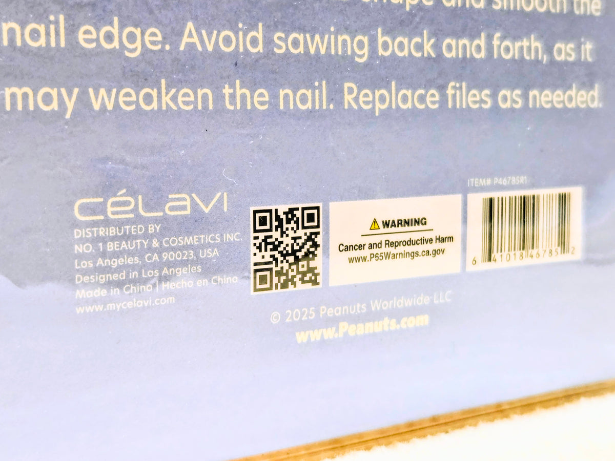 Celavi nail tools box back with barcode, warning, and QR code label