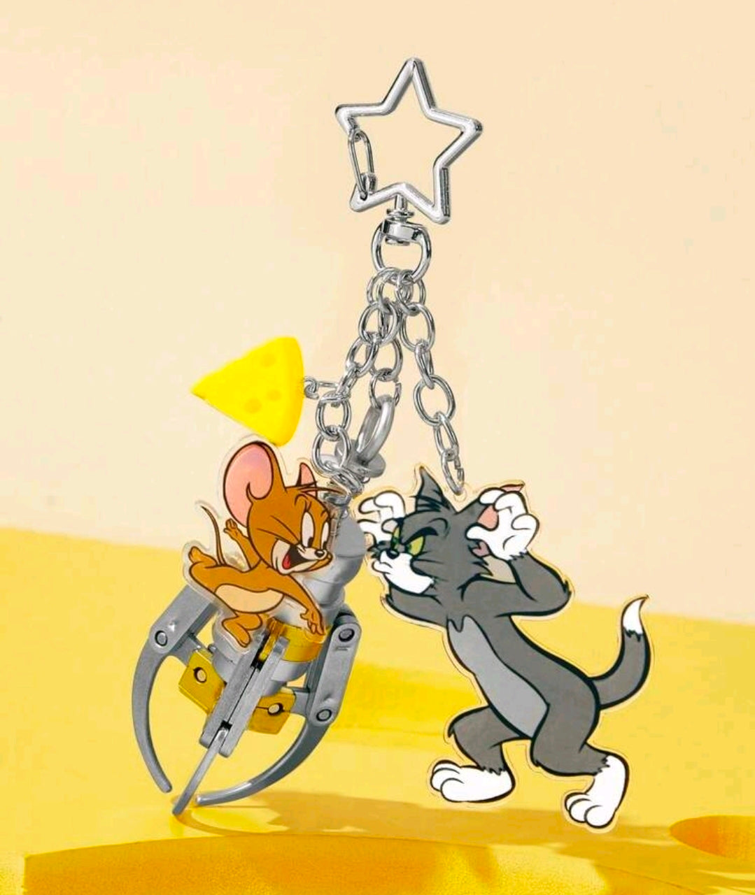 Acrylic Tom & Jerry claw machine grabber keychain with star topper and chain loop
