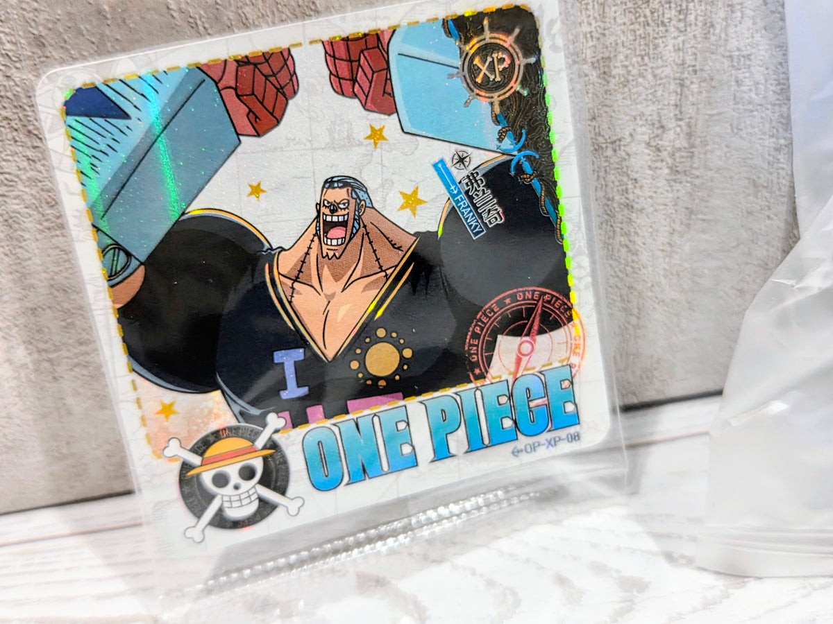 Franky character trading card with One Piece logo and skull emblem