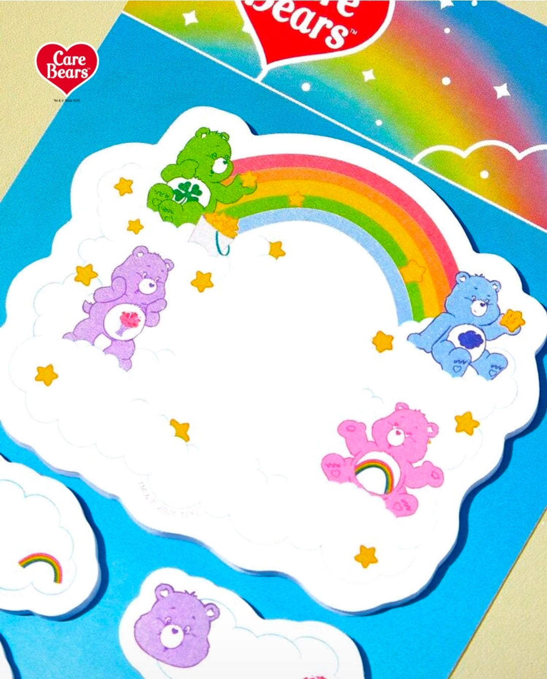 Care Bears rainbow cloud sticky notes and tabs set, colorful character designs