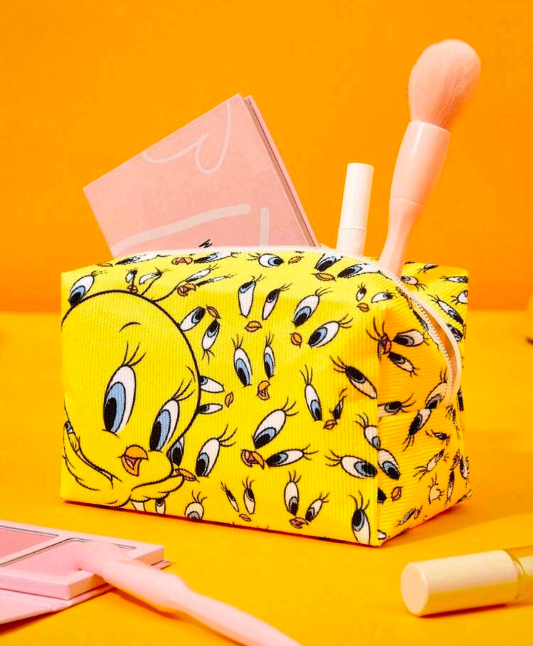 Yellow Tweety Bird character-print makeup bag pouch with zipper