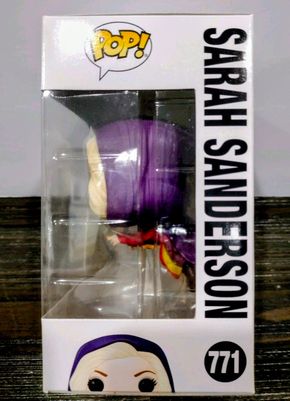 Funko Pop vinyl figure box side showing Sarah Sanderson name and 771 badge