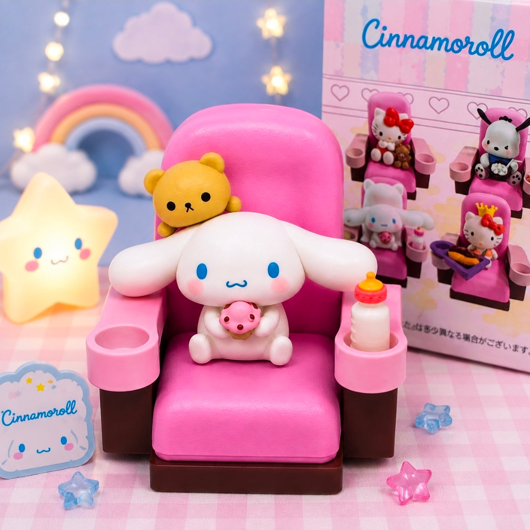 Mini character figure in a pink chair holding a drink with accessory trays