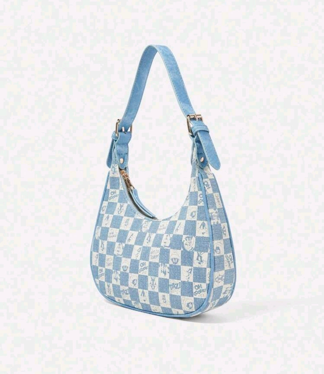 Blue checkered hobo handbag with shoulder straps and curved front opening