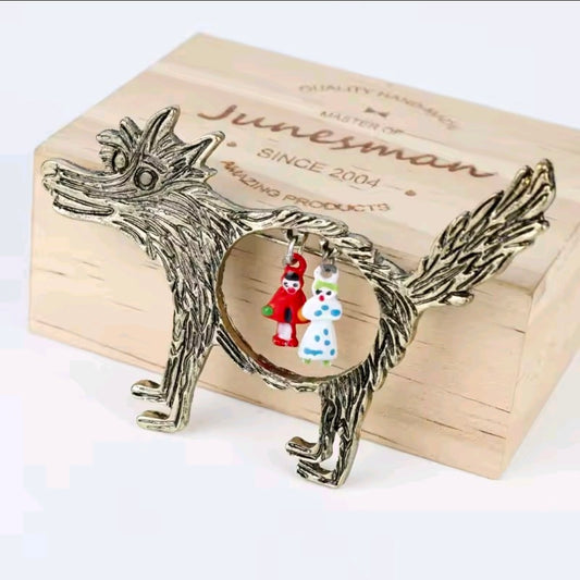 Silver-tone wolf brooch pin with circular Red Riding Hood and grandma charms, on box.
