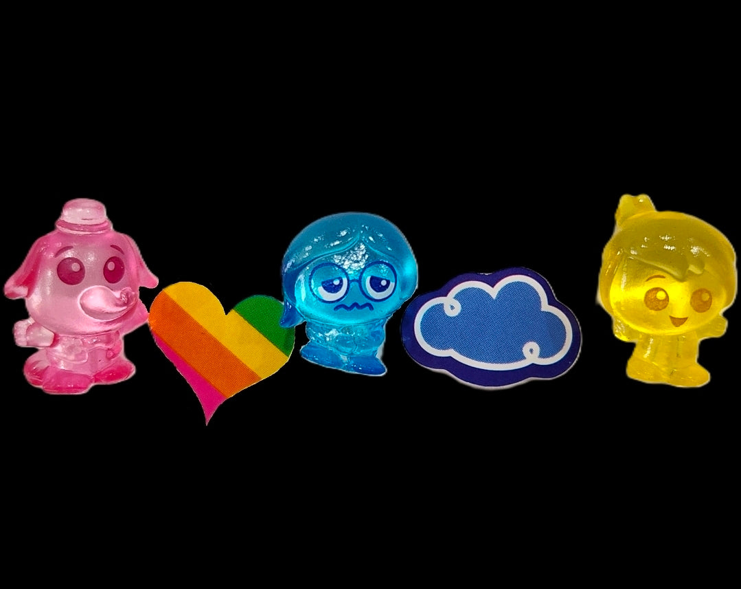 Mini squish characters with rainbow heart, cloud and glasses emblems, 4 figures
